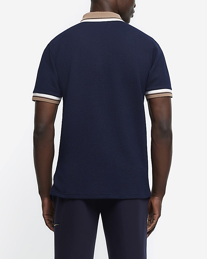 Navy regular fit textured taped polo