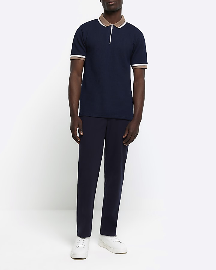 Navy regular fit textured taped polo