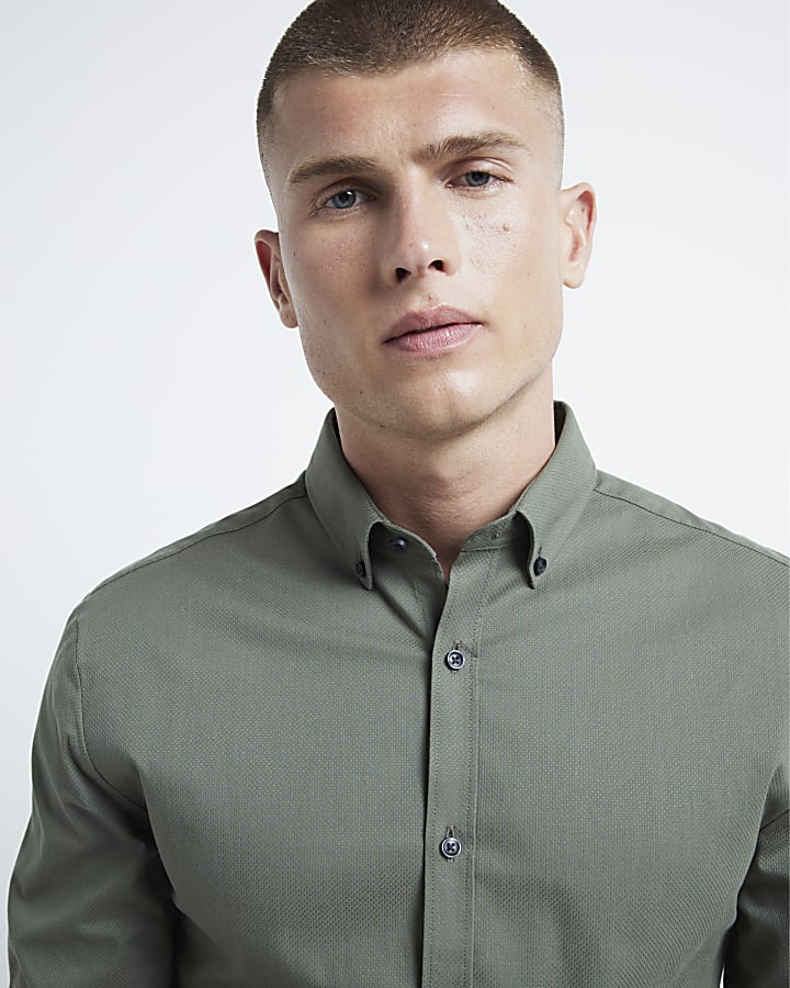 Khaki muscle stretch smart long sleeve shirt