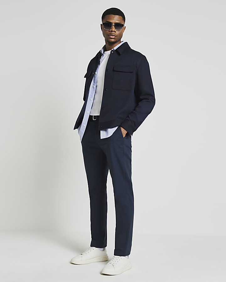 Navy slim fit belted chino trousers