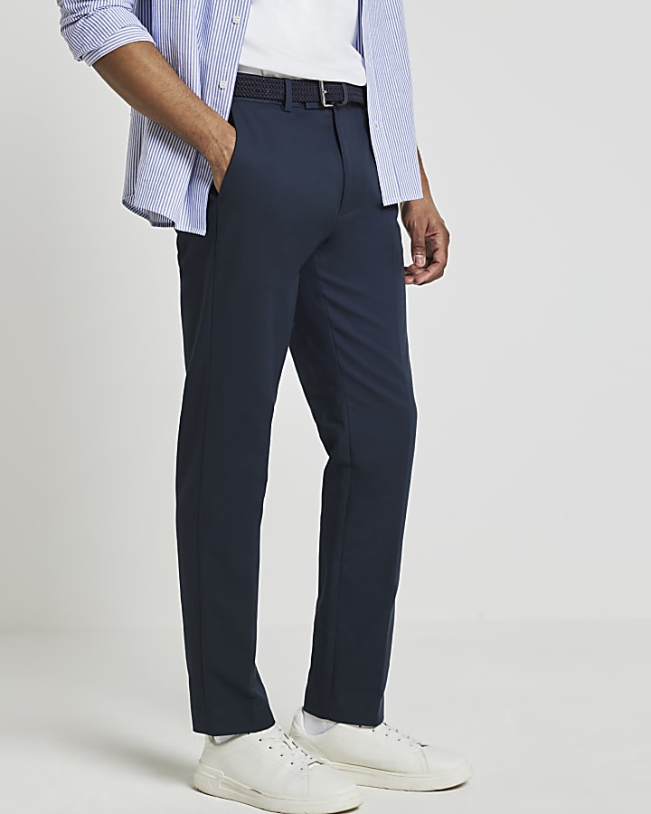 Navy slim fit belted chino trousers