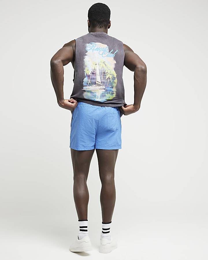 Blue Regular Fit Seersucker Swim Shorts