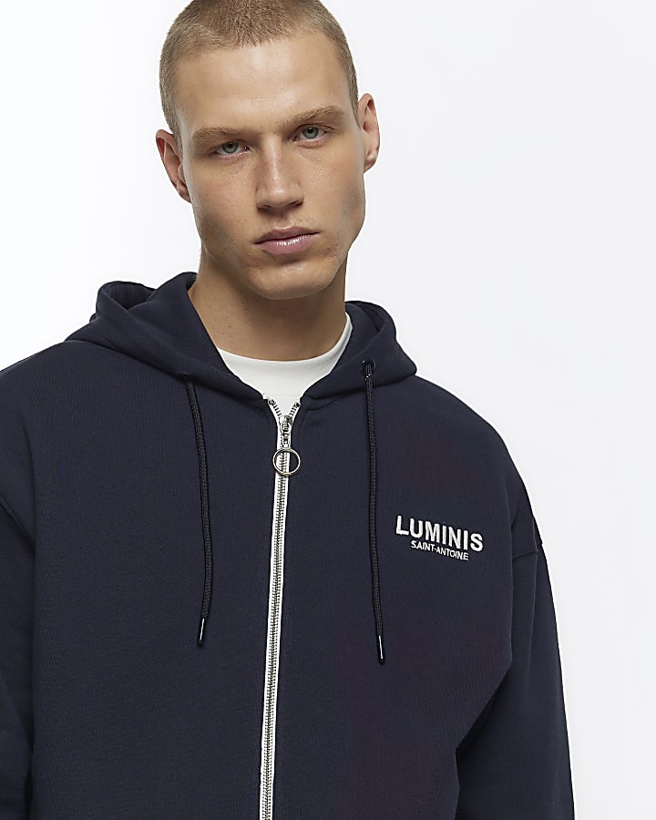 Navy oversized fit zip through hoodie