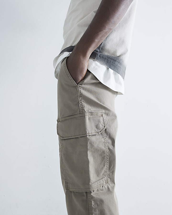 Beige regular fit utility cargo trousers