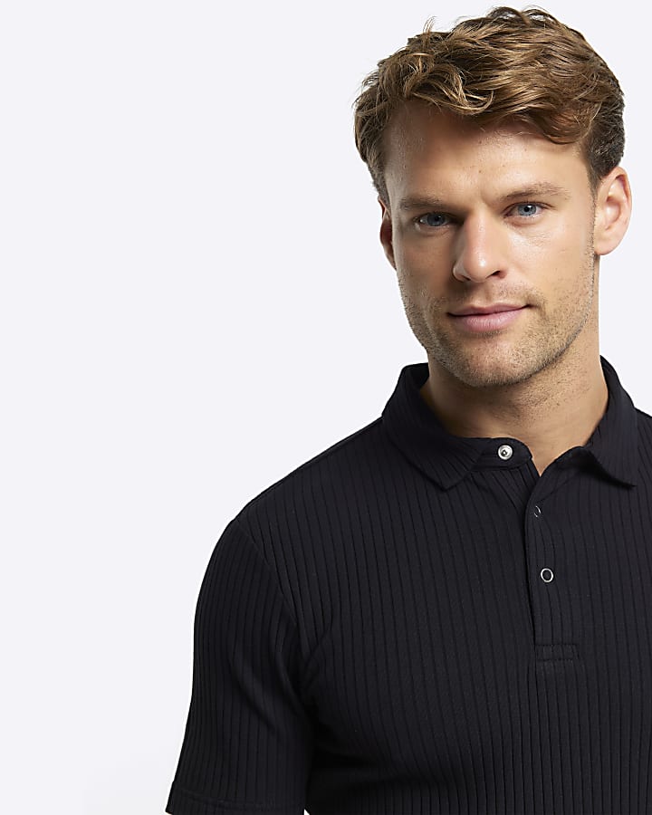 Black muscle fit rib short sleeve polo