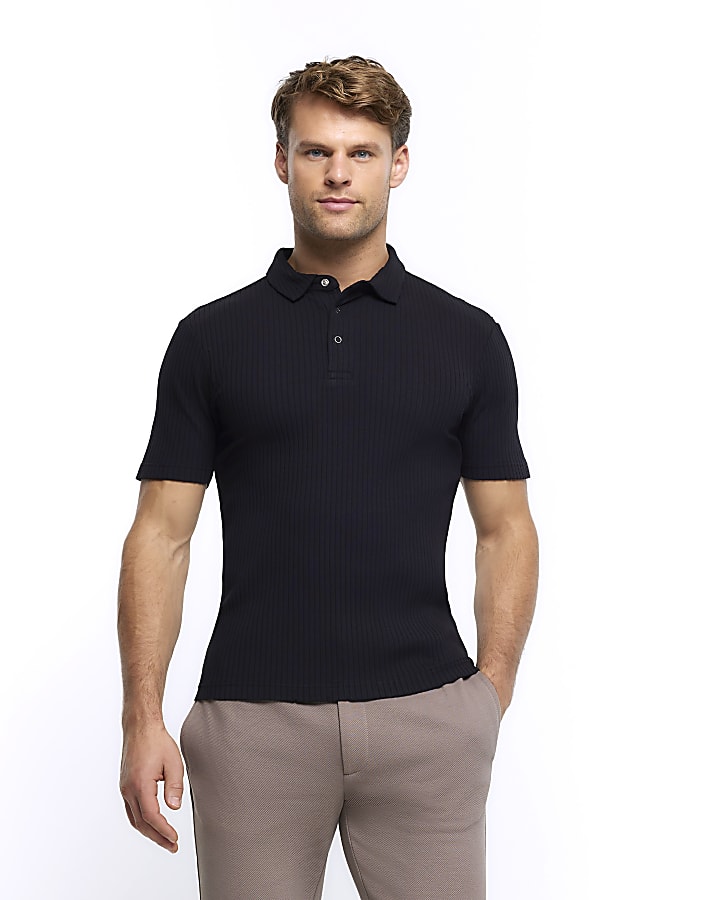 Black muscle fit rib short sleeve polo