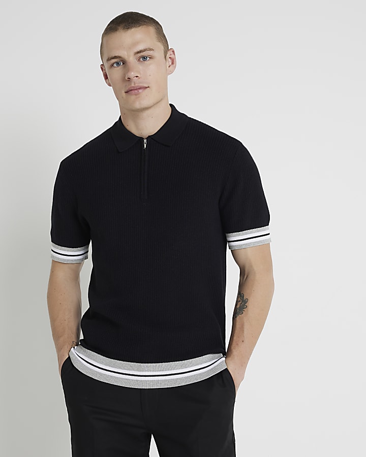 Black slim fit knitted polo shirt