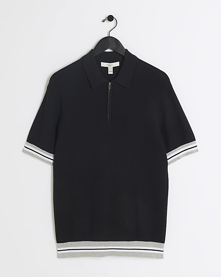 Black slim fit knitted polo shirt