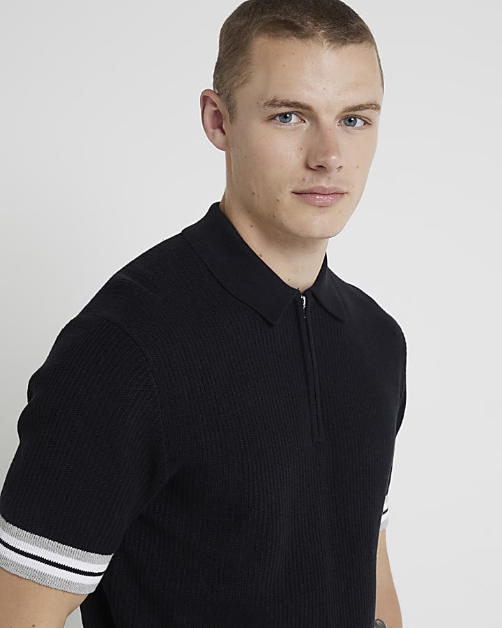 Black slim fit knitted polo shirt