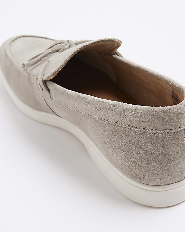 Grey suede slip on loafers