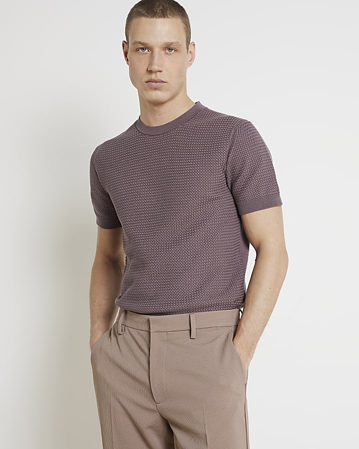 Red slim fit textured knitted t-shirt