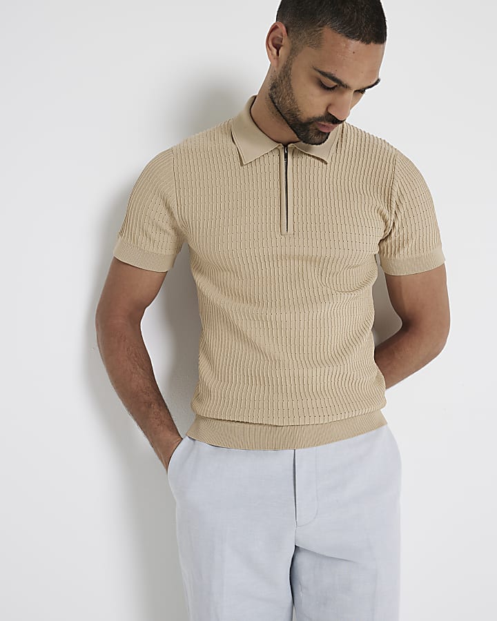 Brown muscle fit knitted half zip polo