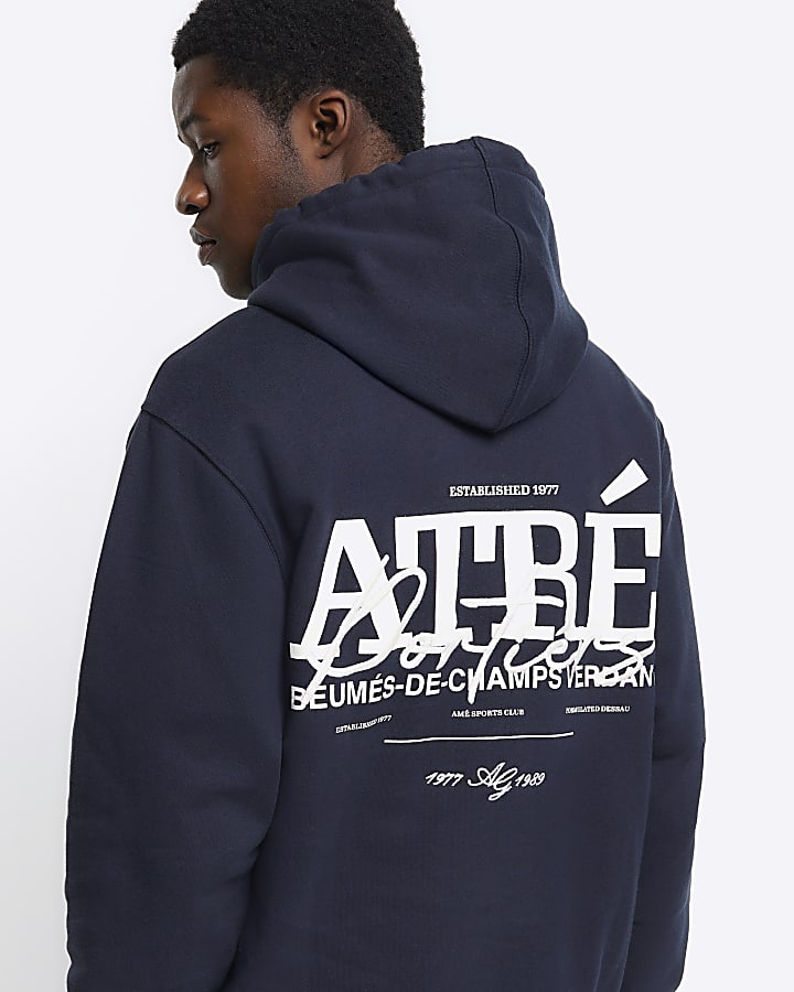 Navy regular fit embossed graphic hoodie