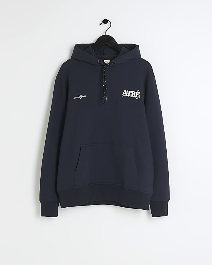 Navy regular fit embossed graphic hoodie