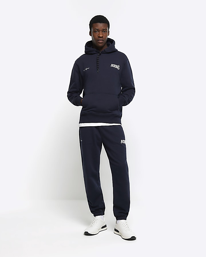 Navy regular fit embossed graphic hoodie