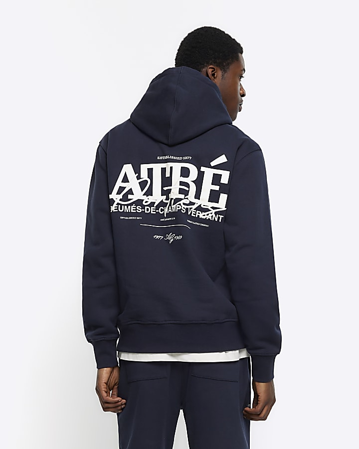 Navy regular fit embossed graphic hoodie