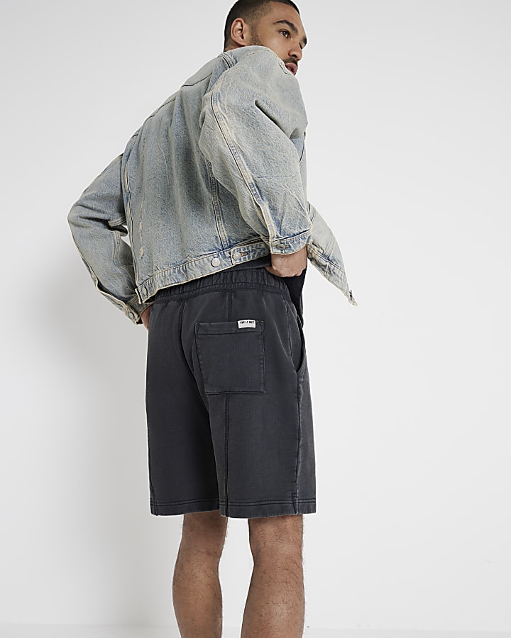 Washed black regular fit loopback shorts