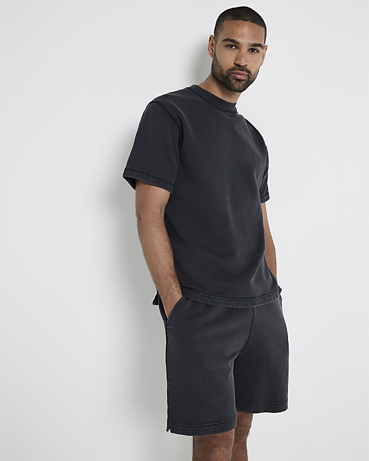 Washed black regular fit loopback t-shirt