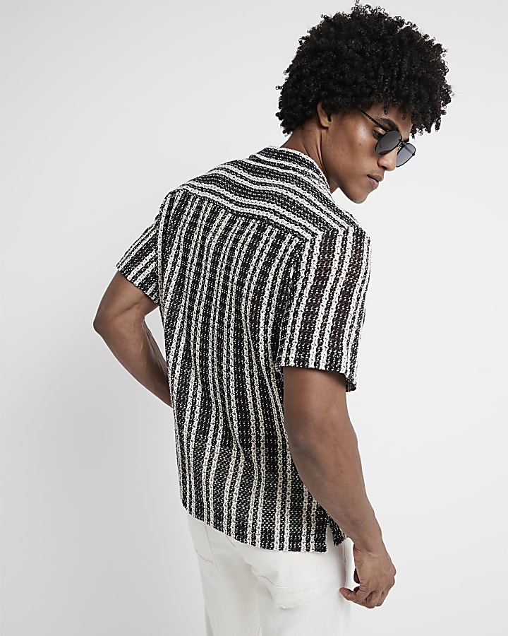Black regular fit crochet stripe revere shirt