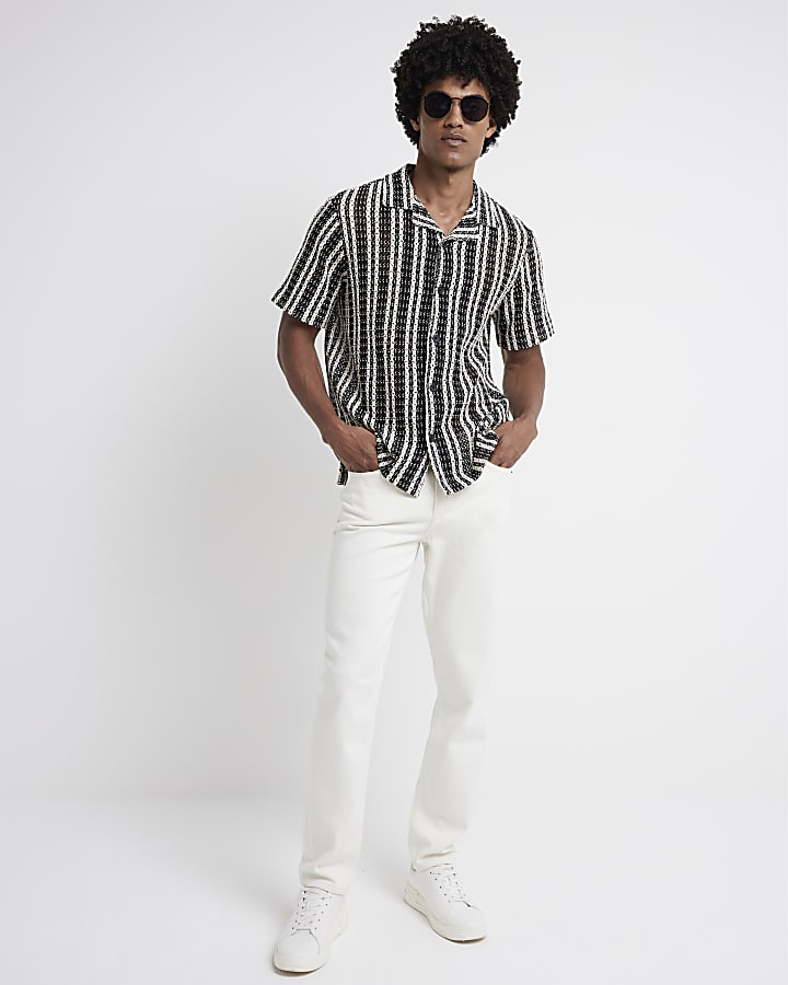 Black regular fit crochet stripe revere shirt