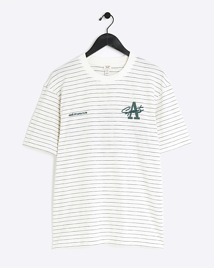 Beige regular fit stripe graphic t-shirt