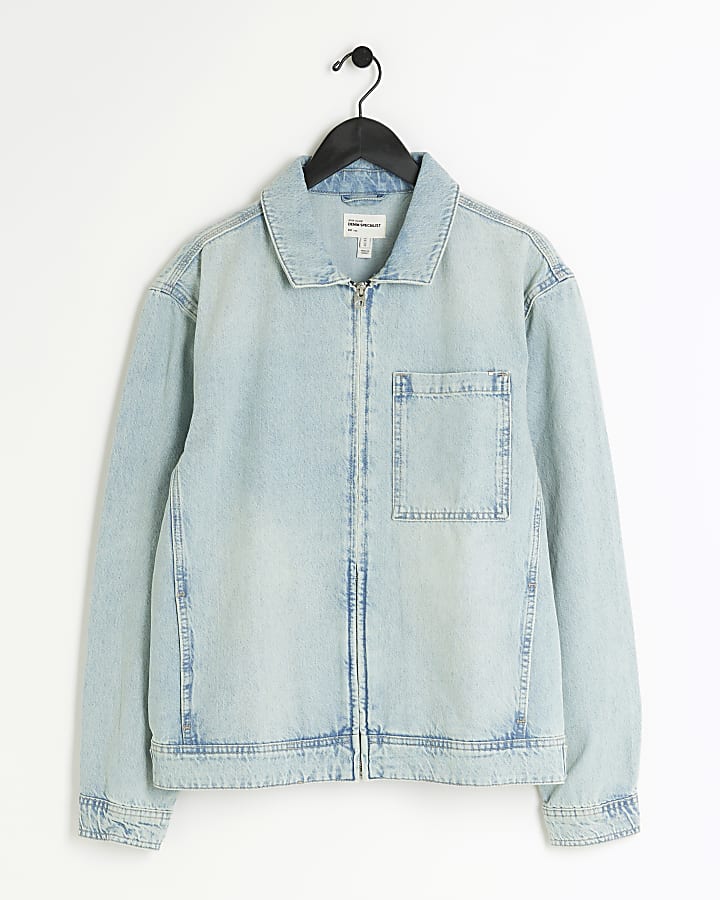 Blue regular fit zip up denim jacket