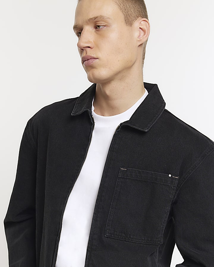 Black regular fit zip up denim jacket