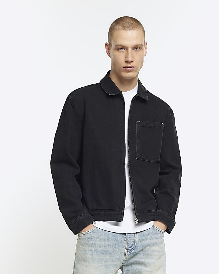 Black regular fit zip up denim jacket