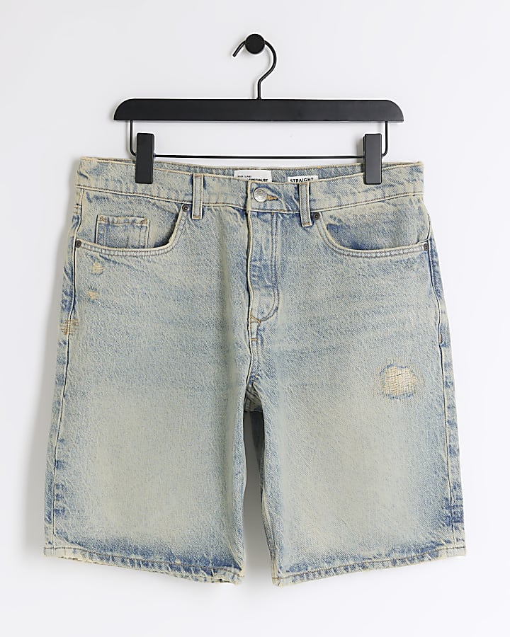 Blue regular fit ripped denim shorts