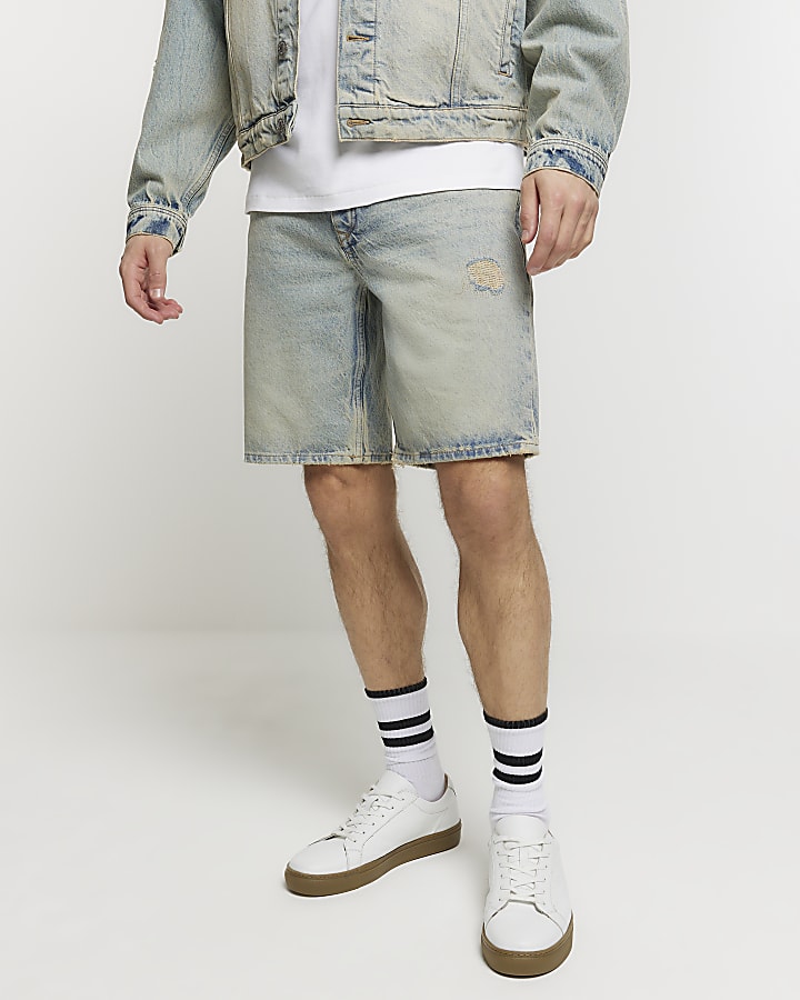 Blue regular fit ripped denim shorts