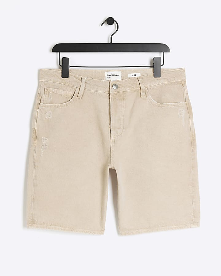 Stone slim fit ripped denim shorts