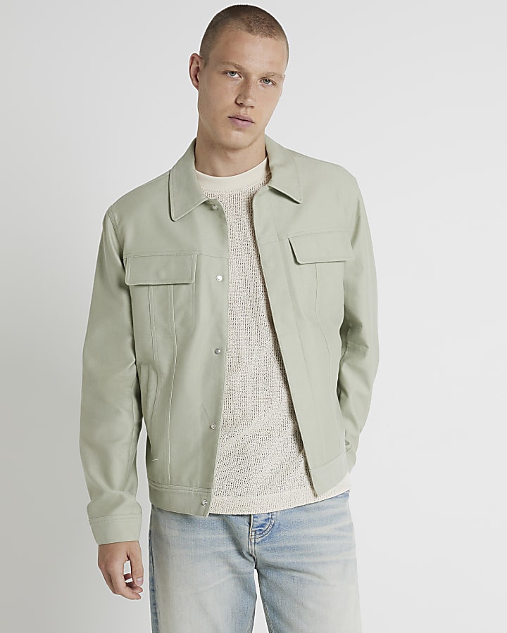 Green regular fit linen blend jacket