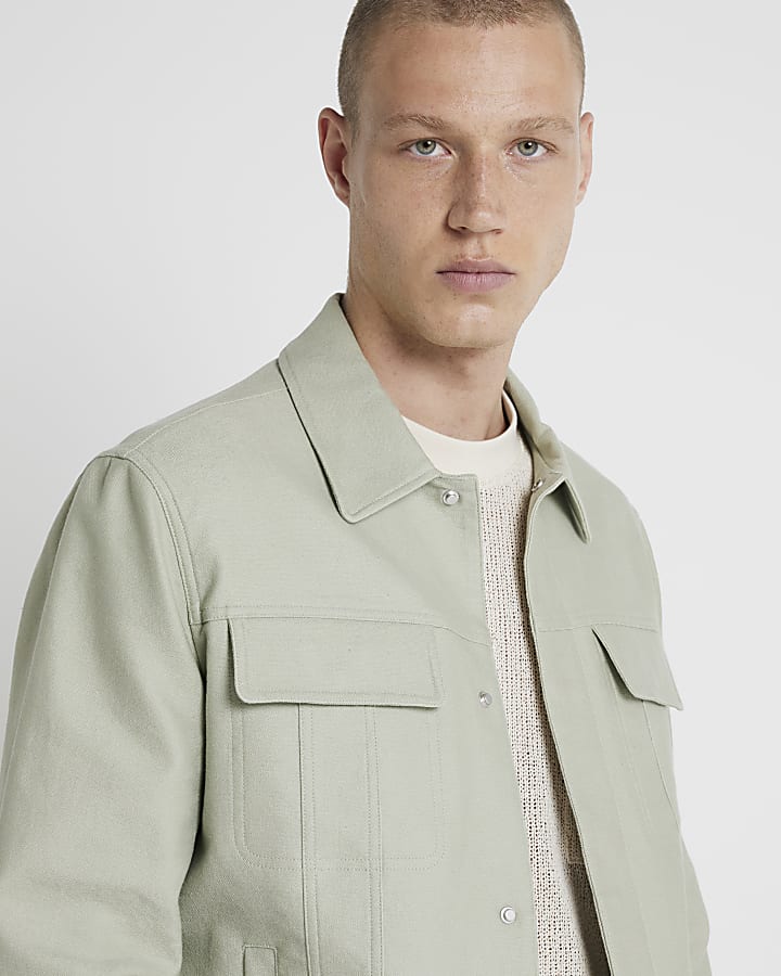 Green regular fit linen blend jacket