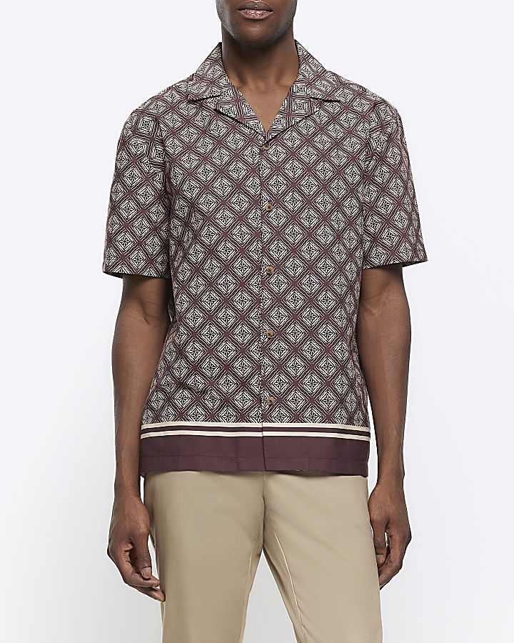 Brown regular fit geometric revere shirt