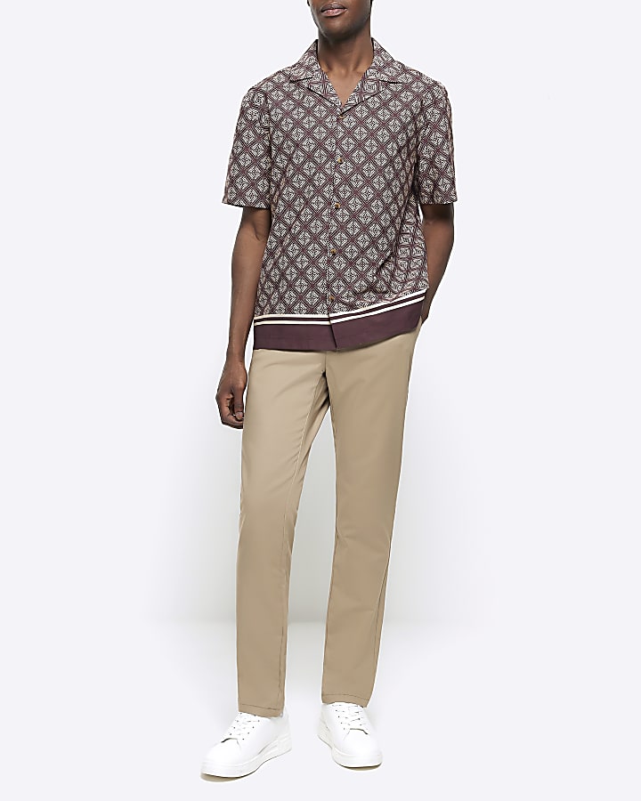 Brown regular fit geometric revere shirt