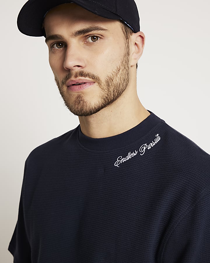 Navy oversized textured embroidered t-shirt