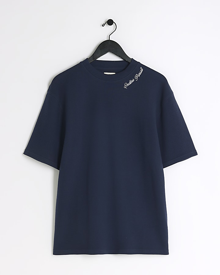 Navy oversized textured embroidered t-shirt