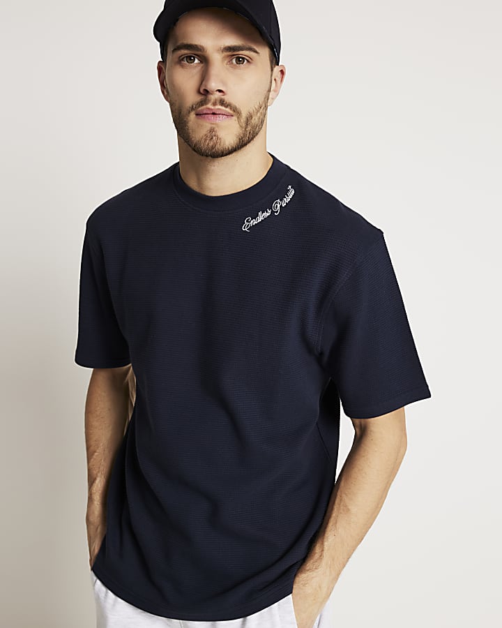 Navy oversized textured embroidered t-shirt