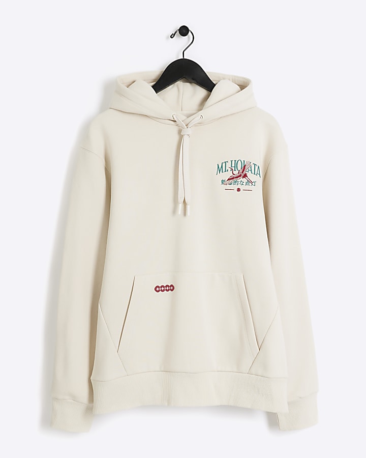 Beige regular fit Japanese graphic hoodie