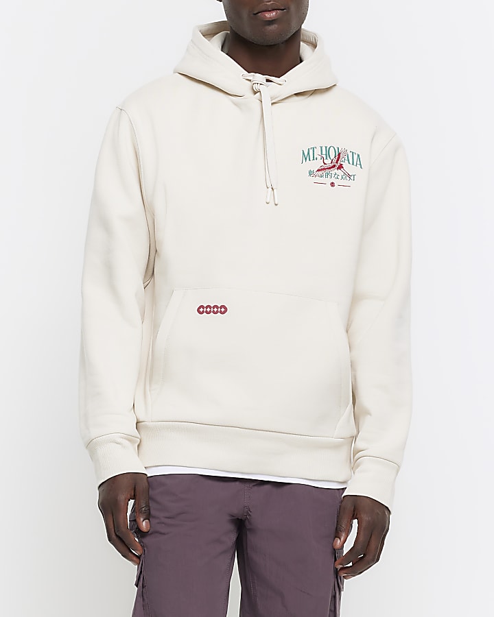 Beige regular fit Japanese graphic hoodie