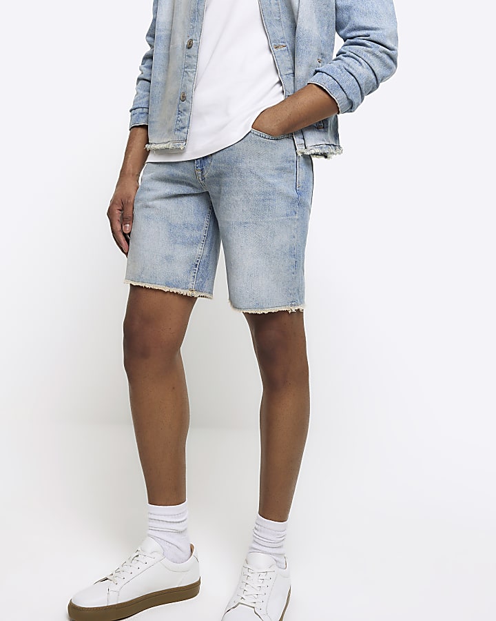 Blue straight fit raw hem denim shorts