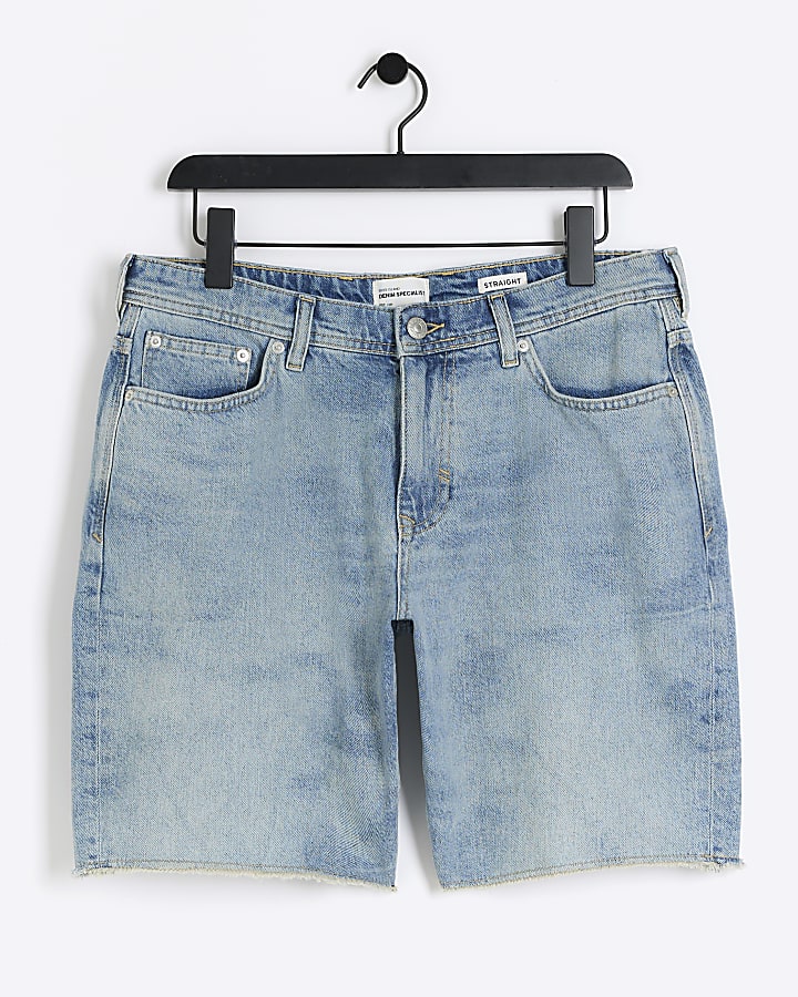 Blue straight fit raw hem denim shorts