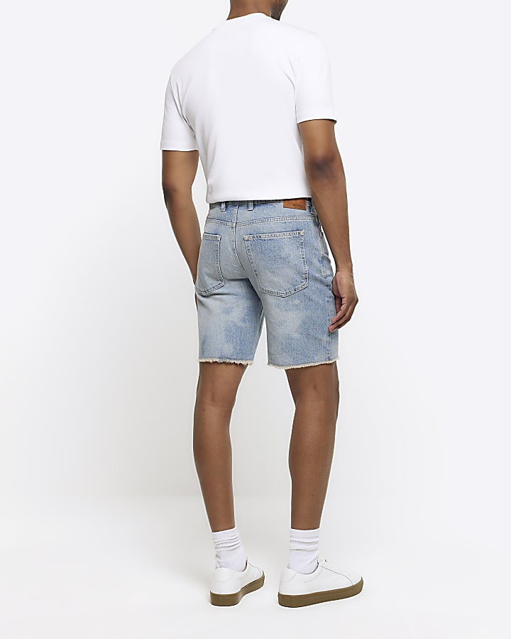 Blue straight fit raw hem denim shorts