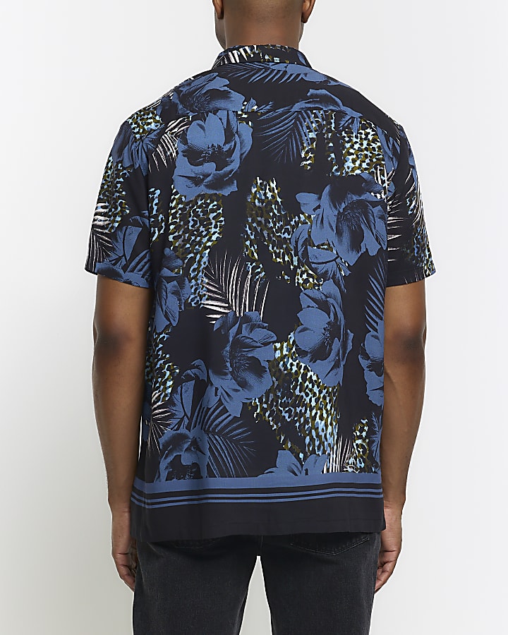 Blue regular fit floral short sleeve shirt