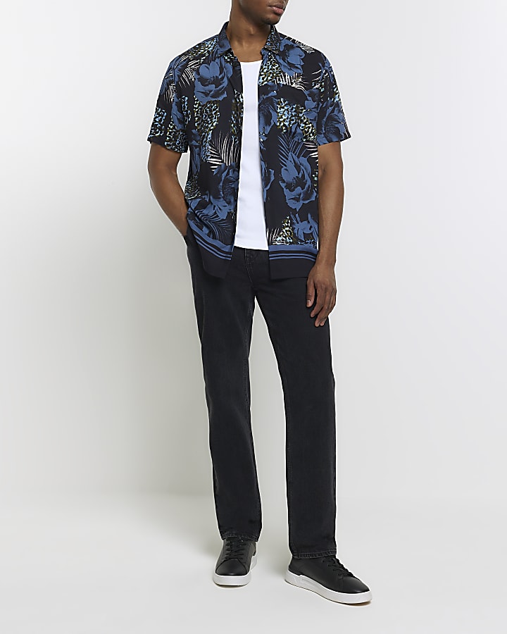 Blue regular fit floral short sleeve shirt
