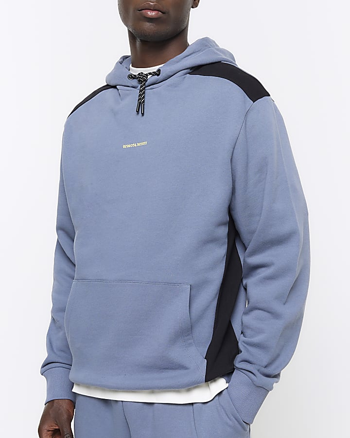 Blue regular fit colour block hoodie