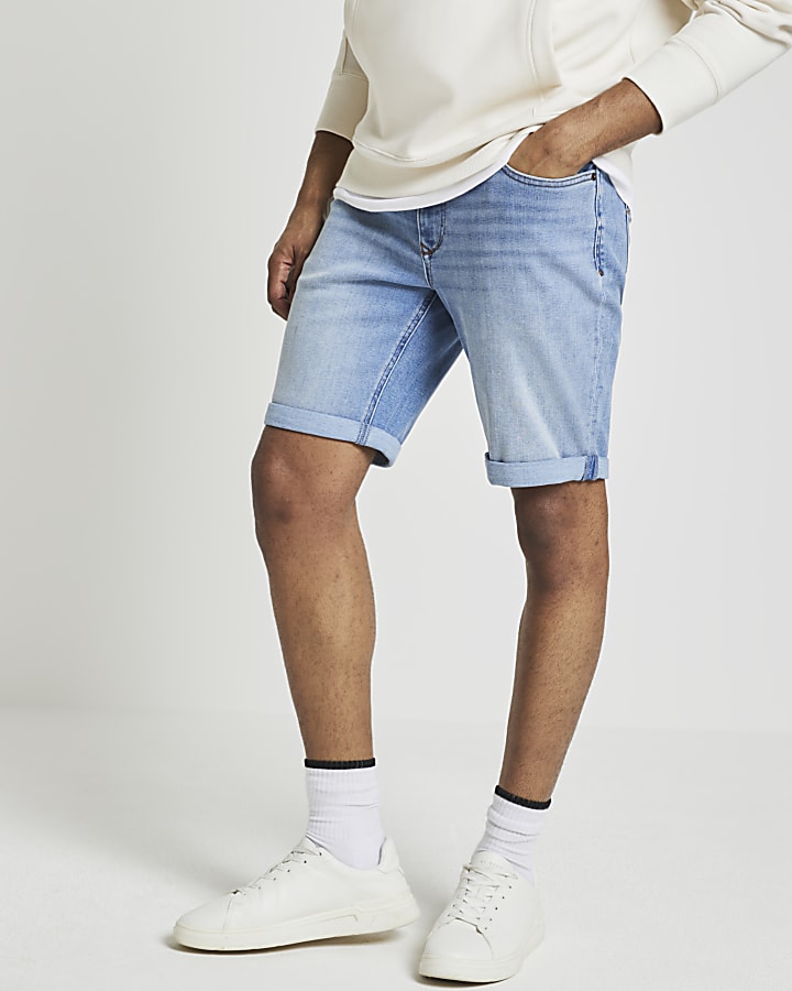 Blue slim fit turned hem denim shorts