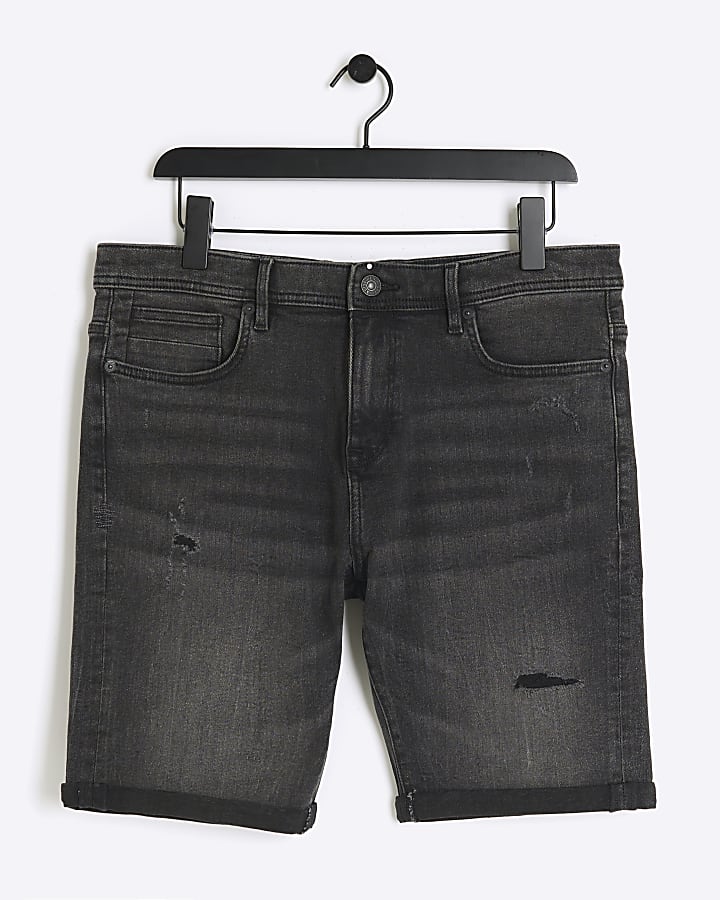 Washed black skinny fit ripped denim shorts