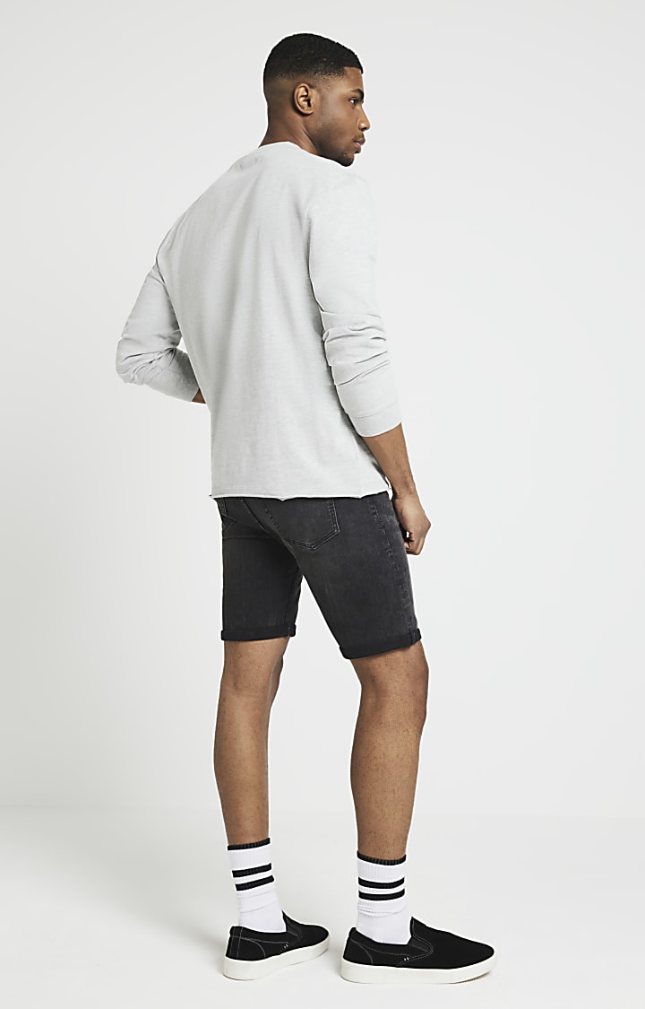 Washed black skinny fit ripped denim shorts