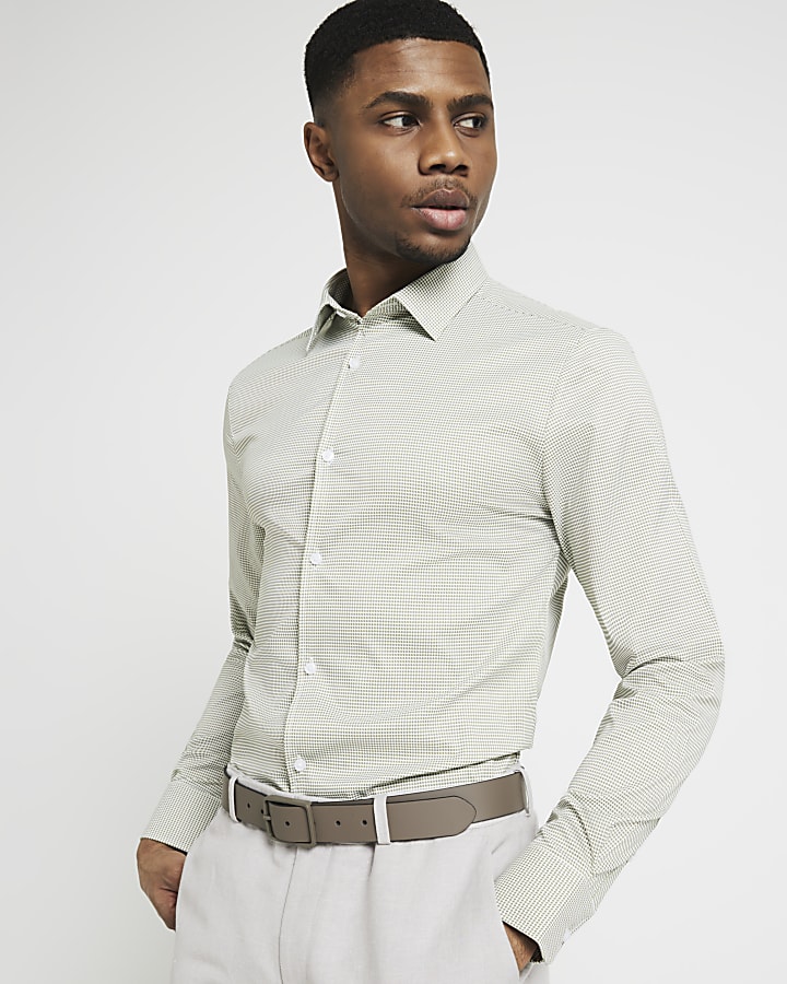 Khaki muscle fit geometric smart shirt